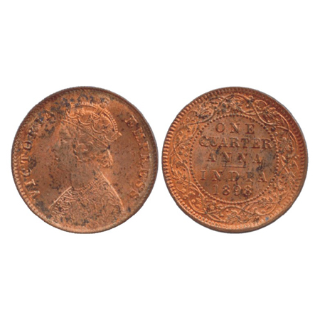 Victoria Empress, Copper ¼ Anna, Calcutta Mint, 1898, B/II/no M.M. (PR 631). UNC with orig