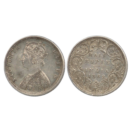 Victoria Queen, Silver ½ Rupee, Madras Mint, 1862, B2/II (PR 259). Extremely Fine, Rare.