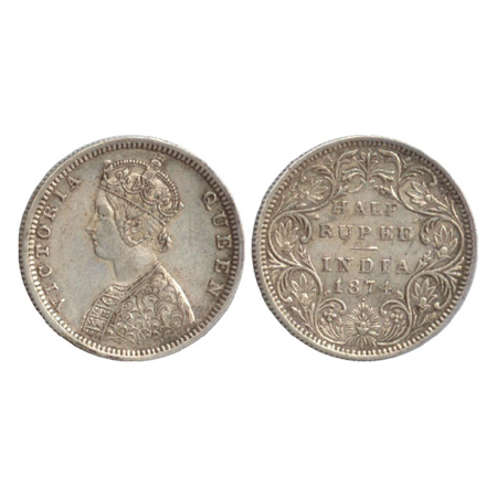 Victoria Queen, Silver ½ Rupee, Bombay Mint, 1874, B2/II/dot (PR 285). Extremely Fine, Rar