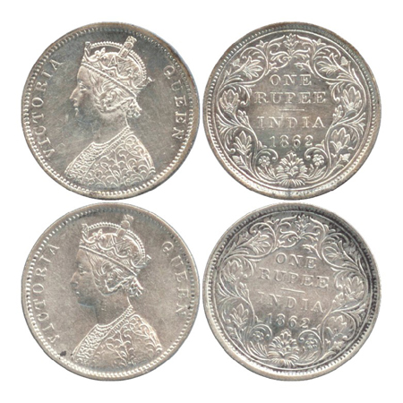Victoria Queen, Silver Rupee (2), Bombay Mint, 1862, A/II/0/7, both with crescent (PR 87).