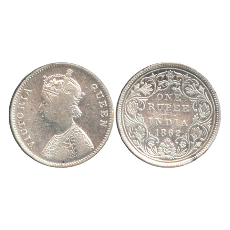 Victoria Queen, Silver Rupee, Bombay Mint, 1862, A/II/011, Eleventh dot below the eight do