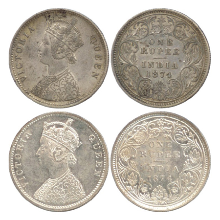 Victoria Queen, Silver Rupee (2), Calcutta Mint, 1874, A1/I/no M. M. (PR 112), Bombay Mint