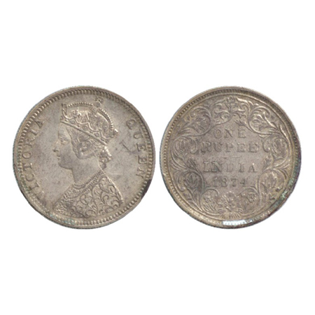 Victoria Queen, Silver Rupee, Bombay Mint, 1874, C1/II/ no dot, (PR 141). Very Fine, Scarc