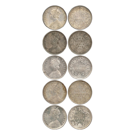 Victoria Queen/ Empress, Silver Rupee (5), Bombay Mint, 1875, A2/II/dot (PR 146), Calcutta