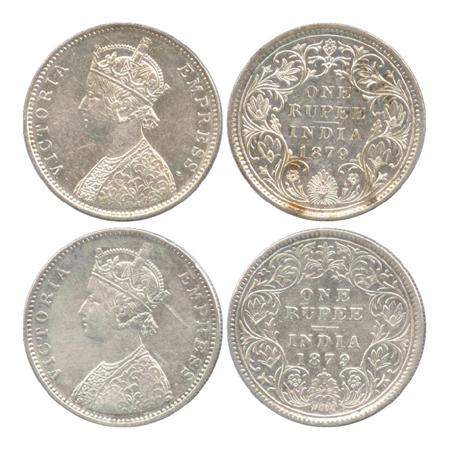 Victoria Empress, Silver Rupee (2), Bombay Mint, 1879, A3/I/dot, A3/II/dot (PR 153, 154). 