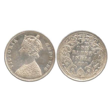 Victoria Empress, Silver Rupee, Bombay Mint, 1880, A3/IV/dot, unlisted in pridmore. Extrem