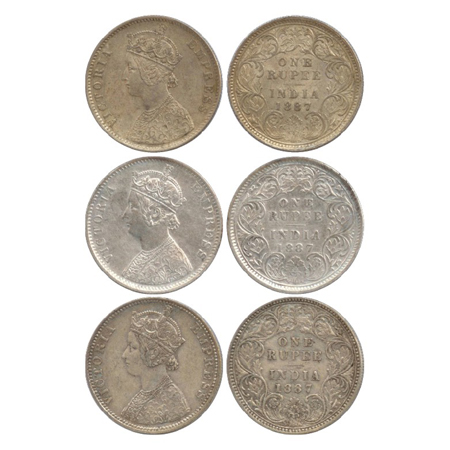 Victoria Empress, Silver Rupee (3), Calcutta Mint, 1887, A4/I/'C' incused, C3/I/'C' incuse