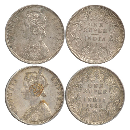 Victoria Empress, Silver Rupee (2), Bombay Mint, 1888, C2/I/'B' raised, C2/I/'B' incused (