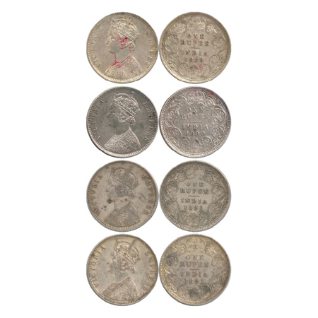 Victoria Empress, Silver Rupee (4), Calcutta Mint, 1889,1890, 1891, AU C3/I/'C' incused (P