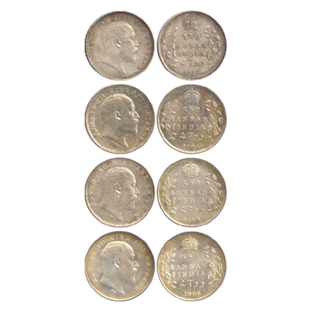 Edward VII, Silver 2 Annas (4), Calcutta Mint, 1903, 1904, 1905 and 1906 (PR 556, 557, 558