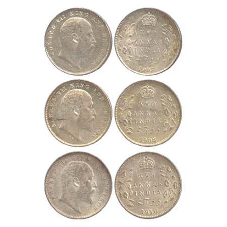 Edward VII, Silver 2 Annas (3), Calcutta Mint, 1907, 1908 and 1910 (PR 560, 561, 563). (3 