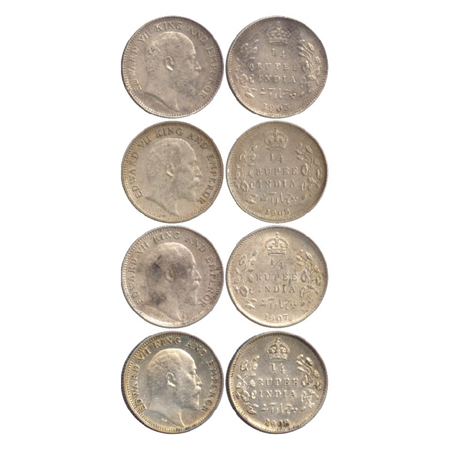 Edward VII, Silver ¼ Rupee (4), Calcutta Mint, 1903, 1905, 1907 and 1908 (PR 432, 434, 436