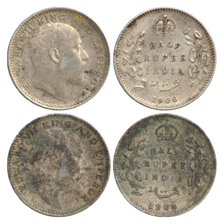 Edward VII, Silver ½ Rupee (2), Calcutta Mint, 1906 and 1908, no M. M. (PR 310, 312). (2 C