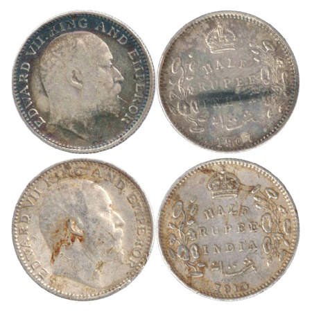 Edward VII, Silver ½ Rupee (2), Bombay, Mint, 1907, 1910, B incused, dot (PR 316, 317). Ve