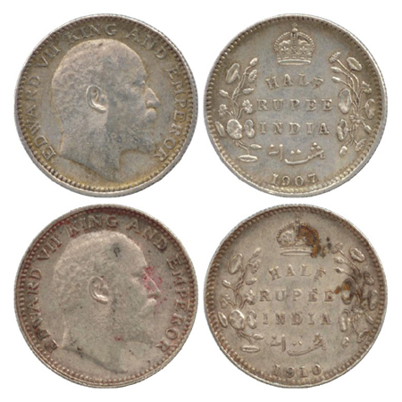 Edward VII, Silver ½ Rupee (2), Bombay Mint, 1907, 'B' incused, dot (PR 316), Calcutta Min