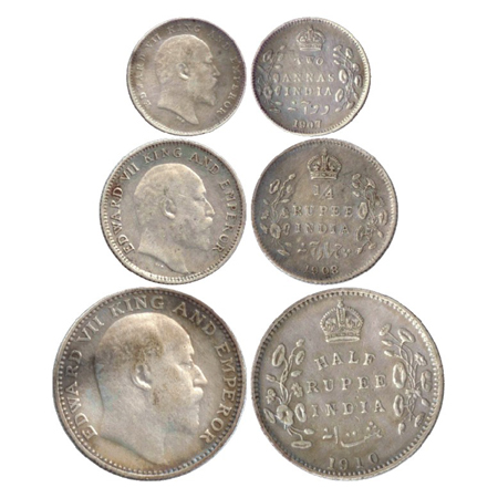Edward VII, Silver ½ Rupee, ¼ Rupee and Two Annas, 1910 BM, 1908 CM and 1907 CM (PR 317, 4