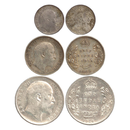 Edward VII, Silver Rupee, ½ Rupee, ¼ Rupee, Bombay Mint and Calcutta Mint, 1910 (PR 206, 3