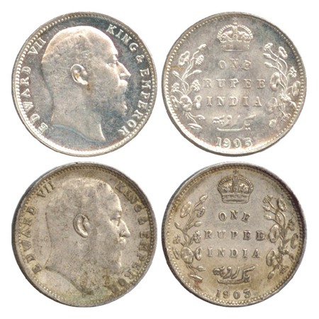 Edward VII, Silver Rupee (2), Bombay Mint, 1903, 'B' incused + dot, second 'B' raised (PR 