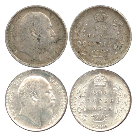 Edward VII, Silver Rupee (2), Calcutta Mint, 1905, no mm (PR 191), Bombay Mint, 1906, 'B' 