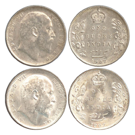 Edward VII, Silver Rupee (2), Bombay Mint, 1907, 'B' incused, dot (PR 203). (2 Coins) Extr