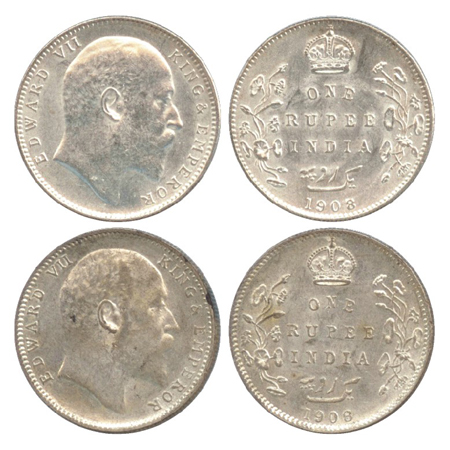 Edward VII, Silver Rupee (2), Bombay Mint, 1908, 'B' incused, dot (PR 204). (2 Coins) Extr