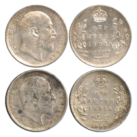 Edward VII, Silver Rupee (2), Calcutta Mint, 1909, no mm (PR 195), Bombay Mint, 1909, 'B' 