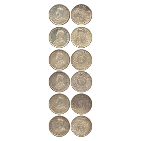 George V, Silver 2 Annas (6), Calcutta Mint, 1912, 1913 and 1914, no dot (PR 565, 566, 567