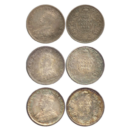 George V, Silver 2annas (3), Calcutta Mint, 1915, 1916 and 1917, no dot, (PR 568, 569, 570
