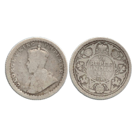 George V, Silver ¼ Rupee, Calcutta Mint, 1911, no dot, Pig type, (PR 440). Fine, Scarce.