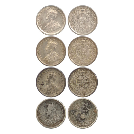 George V, Silver ¼ Rupee (4), Calcutta Mint, 1912 and 1913, no dot, (PR 441, 442). Bombay 