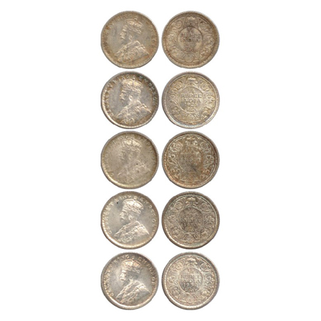 George V, Silver ¼ Rupee (5), Calcutta Mint, 1916, 1929, 1930 and 1934, no dot (PR 445, 45