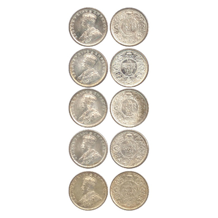 George V, Silver ¼ Rupee (5), Calcutta Mint 1917, 1918, 1919 and 1926, no dot, (PR 446, 44