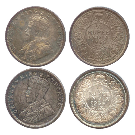 George V, Silver ¼ Rupee (2), Calcutta and Bombay Mint, 1936, (PR453, 460). (2 coins) A UN
