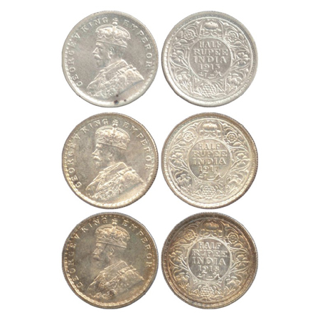George V, Silver ½ Rupee (3), Calcutta Mint 1913, not dot (PR 320) Bombay Mint, 1917 and 1
