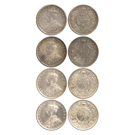 George V, Silver ½ Rupee (4), Bombay Mint 1923, 1925, 1928 and 1936 with dot (PR 345, 347,