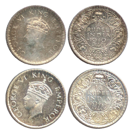 George VI, Silver ¼ Rupee (2), Calcutta Mint, 1940, no dot head type II, (PR 473), Bombay 
