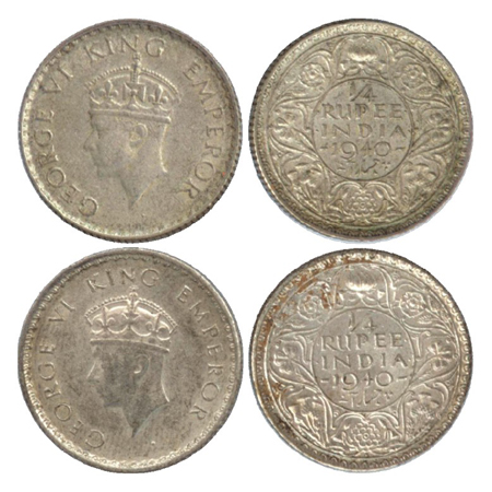 George VI, Silver ¼ Rupee (2), Bombay Mint, 1940, dot, head type I and head type II, (PR 4