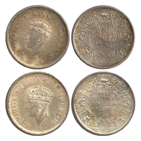 George VI, Silver ½ Rupee (2), Calcutta Mint 1939, Head type I and Head type II, (PR 363, 