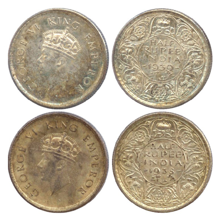George VI, silver ½ Rupee (2), Bombay Mint, 1938, 1939, dot, Head type I, (PR 351, 352). (