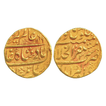 Alamgir II, Gold Mohur, Mustaqir-ul Khilafat Akbarabad Mint, AH 1169/RY 3 (KM 467.1), punc