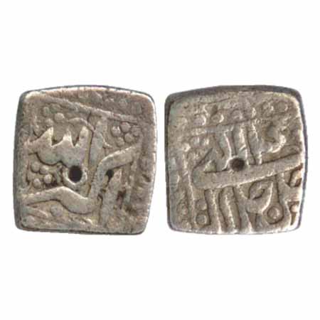 Akbar, Silver Square ½ Rupee, Ilahi 40, mintless 'Allahu Akbar' type, (KM 64.1). Very Fine