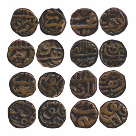 Akbar, Copper 1/8 Dam (8), first coin Sambhal Mint, Farwadi, 7X Delhi Mint, Ardibihisth, T