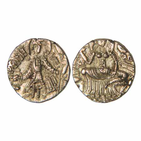 Kushan-Derivative Coinage, 7.19g. Base Gold stater of Tunjina, King of Kashmir (there are 