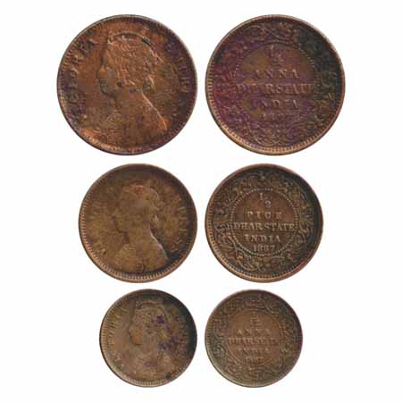 Dhar (3), Copper ¼ Anna, ½ Pice and 1/12 Anna, AD 1887 (KM 13, 12 and 11). (3 Coins) Very 