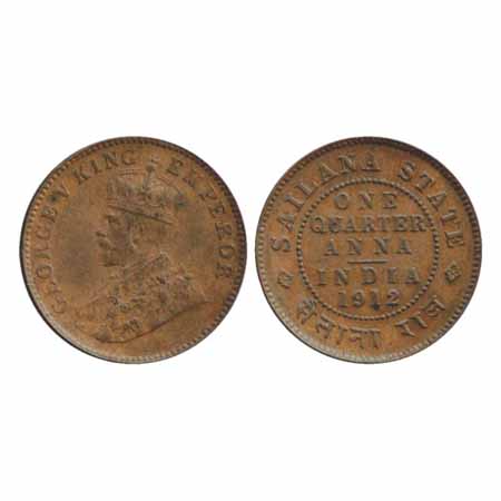 Sailana, Jaswant Singh, (1890-1919 AD), Copper ¼ Anna, 1912, (KM 16). About Extremely Fine