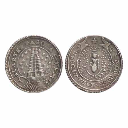 Madras Presidency, Silver 1/4 Pagoda, Undated (AD 1808) Obv: value in English and Persian,