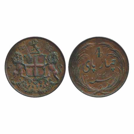 Madras Presidency, Copper 4 Pice, 1825. Obv: East India Company Arms. Rev: numeral '4', Pe