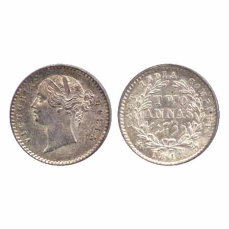 Victoria Queen, Divided Legend, Silver 2 Annas, 1841, Calcutta Mint, W.W. in relief, 9 ber