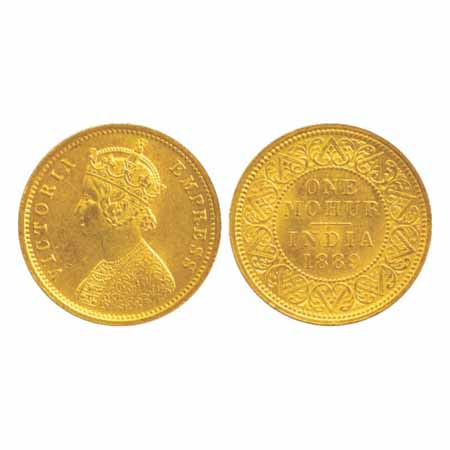 Victoria Empress, Gold One Mohur 1889, Calcutta Mint, Obv: two flowers in bottom panel, a 