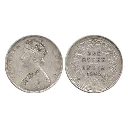 Victoria Queen, Silver Rupee, 1862, Bombay Mint, 5 Panels, double lines to the curves of t